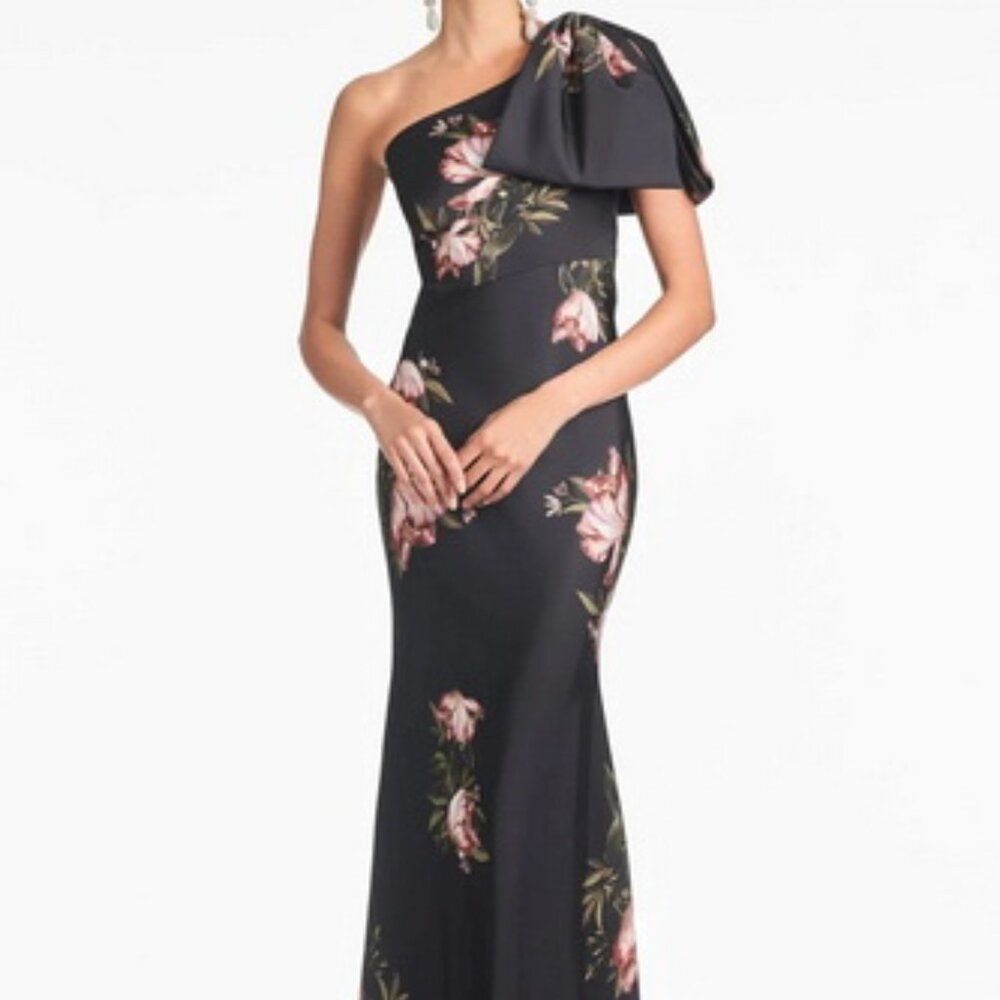 Sachin & Babi Noir Blossom Aubrey One-Shoulder Satin Charmeuse Gown
